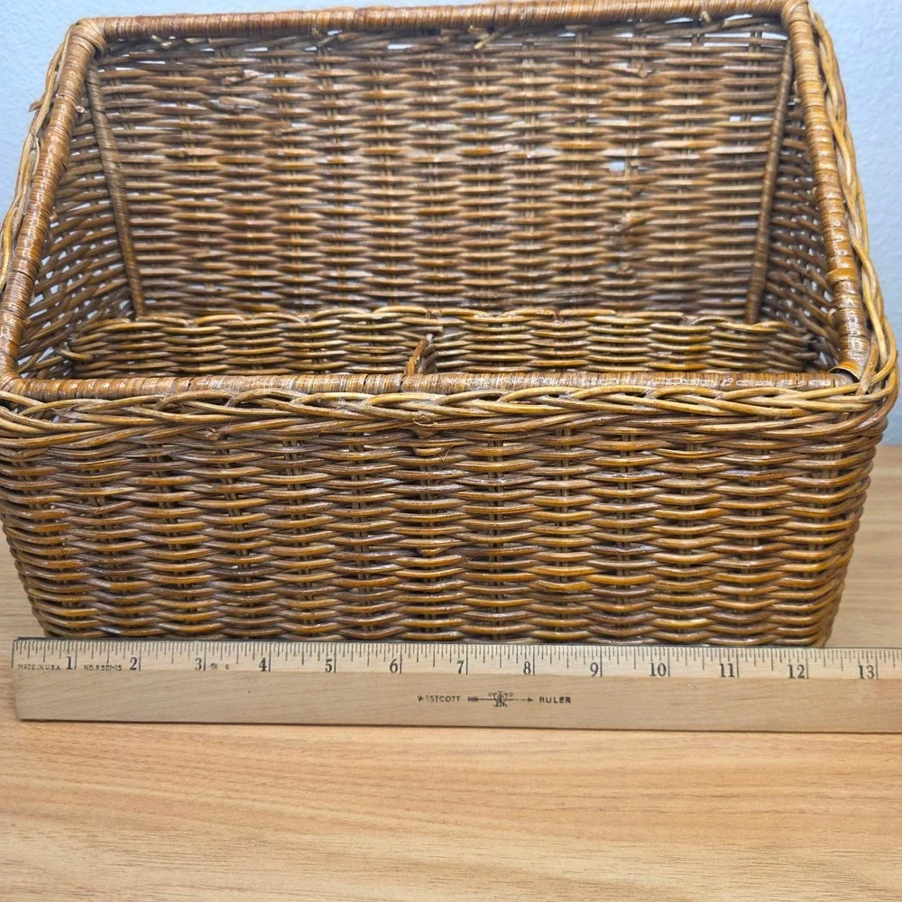 Vintage Wicker Rattan Desk Top Organizer File Letter Holder Storage Basket